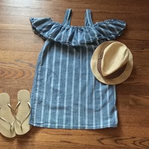 J.Crew striped chambray off-shoulder ruffle dress